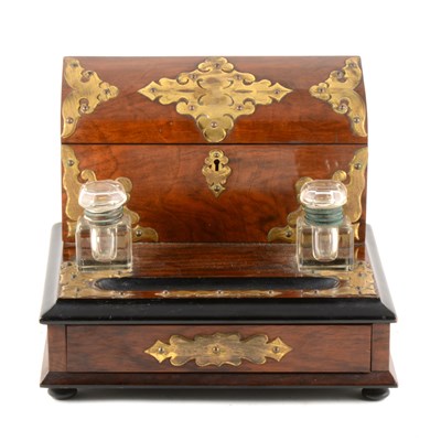 Lot 87 - A Victorian mahogany brass bound writing box with two inkwells