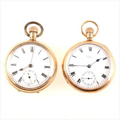 Lot 477 - Two open face pocket watches, a 9 carat gold Waltham and a gold-plated watch, both in display domes.