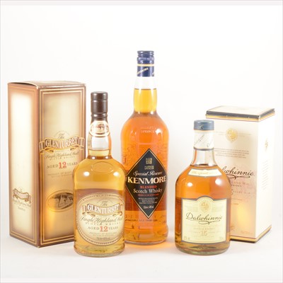 Lot 580 - GLENTURRET - 12 years old; DALWHINNIE - 15 years old; KENMORE - blended Scotch.