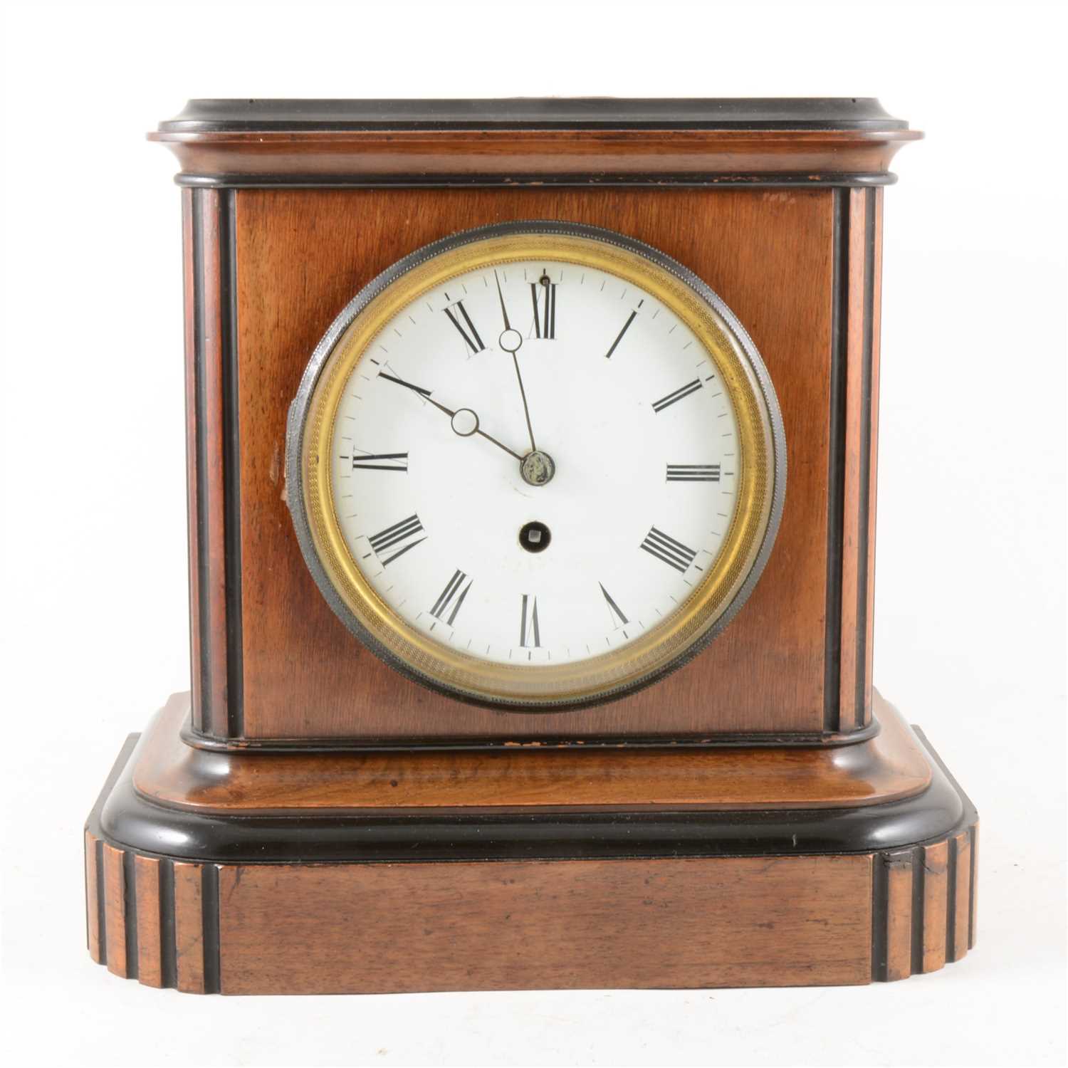 Lot 86 - A walnut and ebonised mantel clock, ...