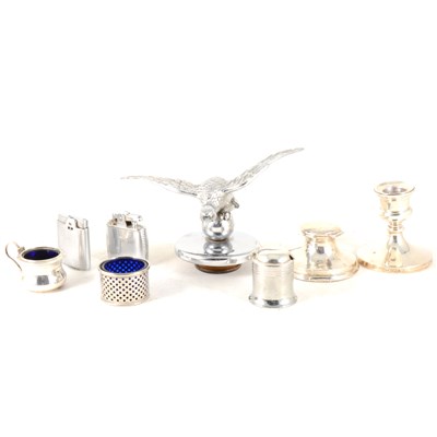 Lot 134 - A silver inkwell, dwarf candlestick, Desmo car mascot, Ronson lighters etc.