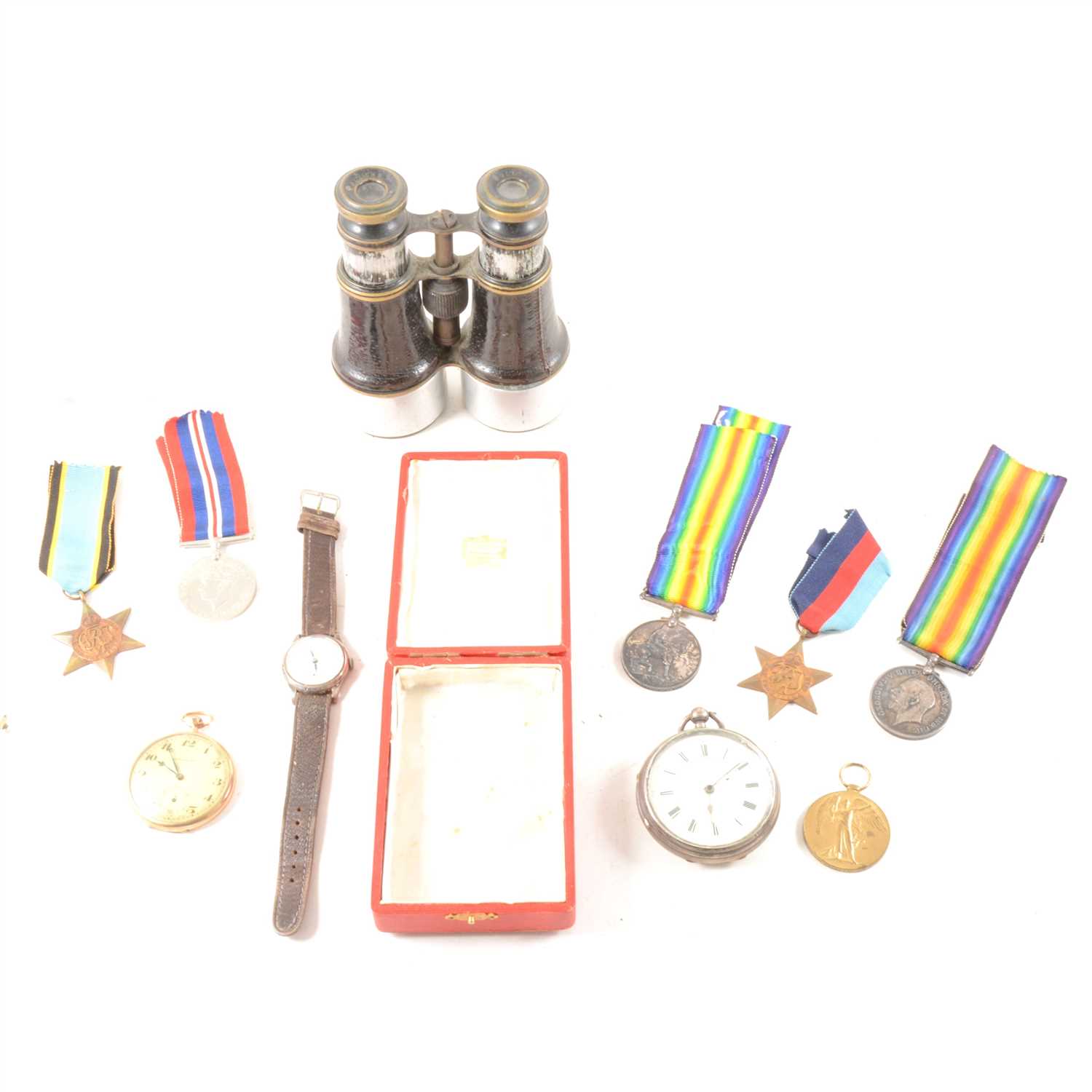 Lot 102 - First and Second War medals, two pocket watches, two wrist watches, pair of binoculars, red Cartier box.