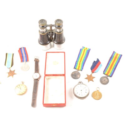 Lot 102A - First and Second War medals, two pocket watches, two wrist watches, pair of binoculars, red Cartier box.