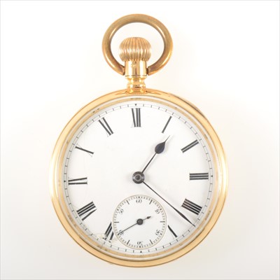 Lot 713 - An 18 carat yellow gold open face pocket watch.