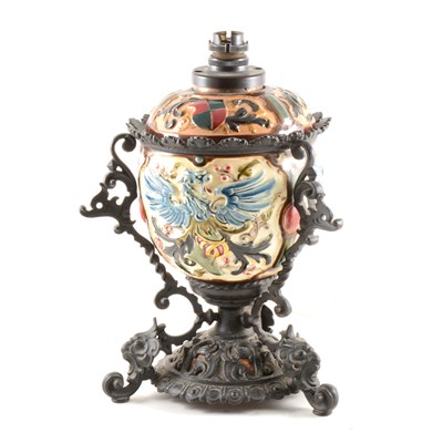 Lot 37 - A majolica style centrepiece converted to a table lamp