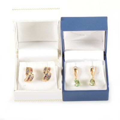 Lot 166 - A pair of multi colour sapphire earrings and a pair of green stone drops earrings.