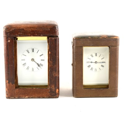 Lot 205 - Two carriage clocks with travel cases, French movements.