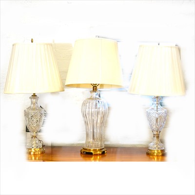 Lot 570 - Pair of cut-glass table lamps, urn-shape, with...