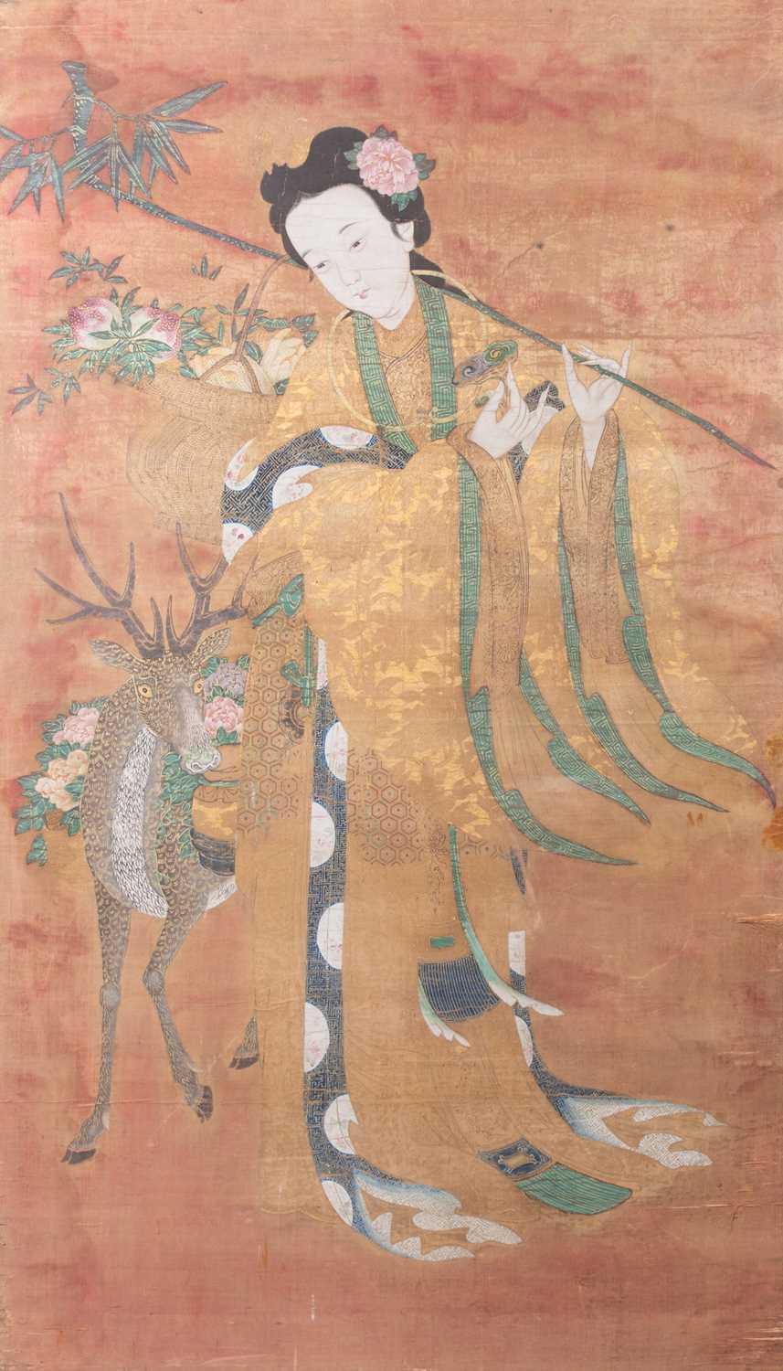 355 - A large Chinese silk panel depicting Magu with flowers and deer, probably 18th century