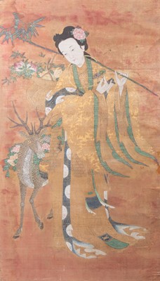 Lot 355 - A large Chinese silk panel depicting Magu with flowers and deer, probably 18th century