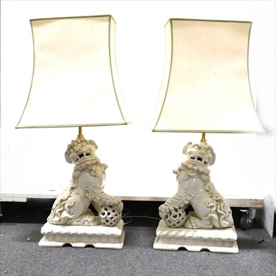 Lot 91 - Pair of modern Chinese table lamps, pottery, Qilin, with shades.