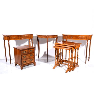 Lot 409 - A pair of reproduction yew wood side tables, nest of tables, small chest of drawers, etc