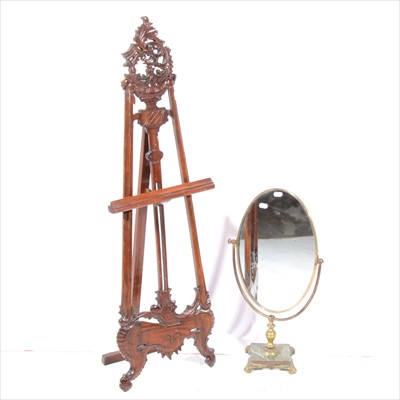 Lot 454 - A brass on onyx table mirror, and a reproduction stained wood easel