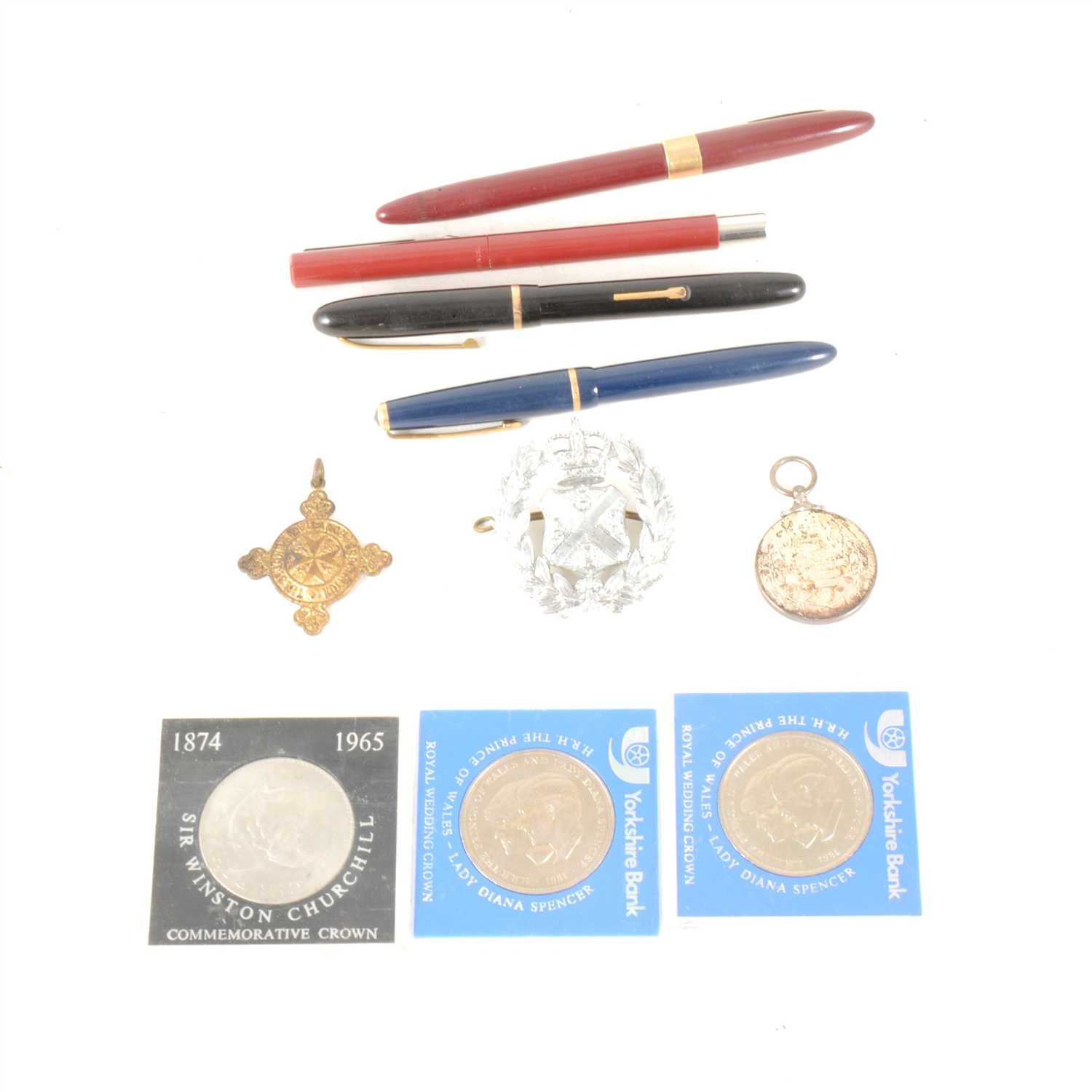 Lot 73 - A box of collectables, fountain pens, medals, paper money, Soldiers Release Book