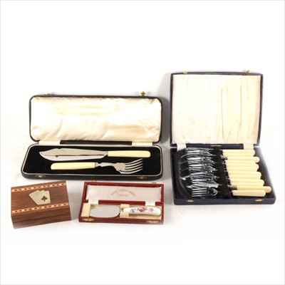 Lot 169 - Royal Crown Derby cake knife, cased, fish knife and fork, cased, knives and forks, cased, playing cards in wooden box.