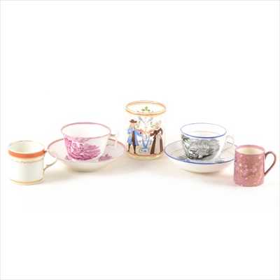 Lot 46 - Two Staffordshire tea cups and saucers, printed decoration; Derby mug; lustre mug; and a Dutch glass jar.