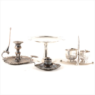 Lot 124 - Two Georgian metal candlesticks, a milk jug and sugar bowl on stand, a silver-plated Art Nouveau cake stand, plated serving tray, sugar bowl and spoon.