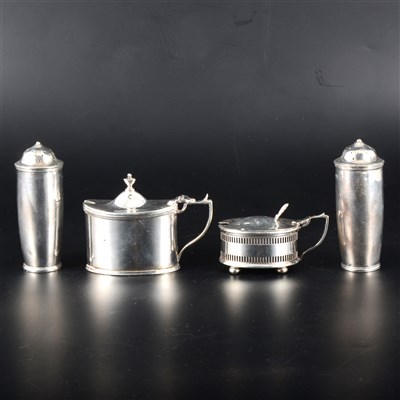 Lot 112 - A pair of silver peppers, makers mark worn, London 1909, and two oval mustards.