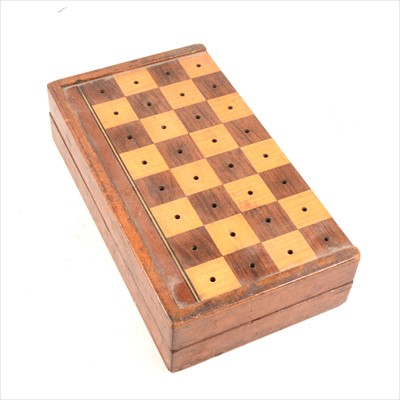 Lot 369 - Folding chess box, with inlay rosewood and satinwood squares, 33cm wide, including a part set of carved chess pieces.