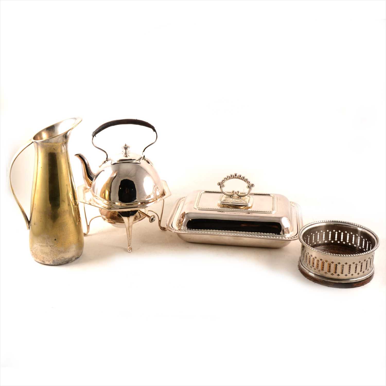 Lot 110 - Electroplated spirit kettle, on tripod stand, pair of entree dishes, etc
