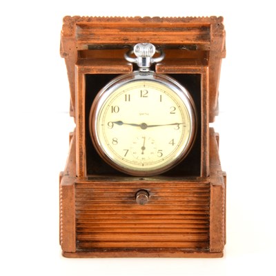 Lot 208 - A Smith open face pocket watch in a wooden bedside travelling case.