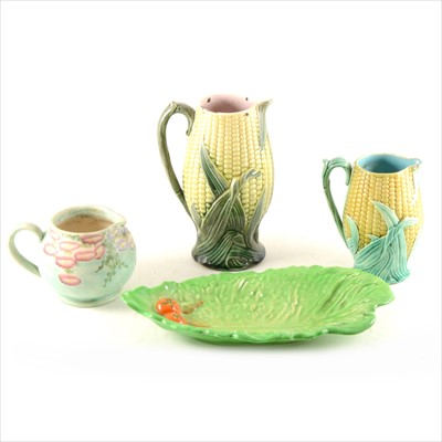 Lot 82 - A Clarice Cliff Crocus Bizarre bowl, Carlton Ware leaf design gravy boat and saucer, and lettuce leaf shallow bowl, two sweetcorn jugs and a Radford jug.