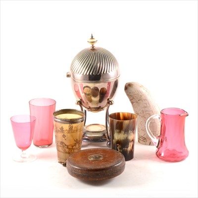 Lot 121 - An electroplated egg coddler, horn beakers; pewter plate; Chesterman's tape, etc.