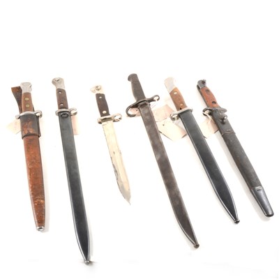 Lot 222 - Lee Metford style bayonet and leather scabbard and five other bayonets,.