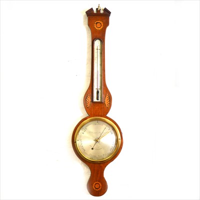 Lot 476 - An inlaid mahogany banjo-shape wall barometer, silvered plate signed P. Premoli, Sheffield