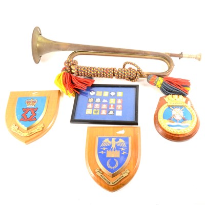Lot 250 - A bugle by Mayers and Harrison, Regimental plaques, buckles etc
