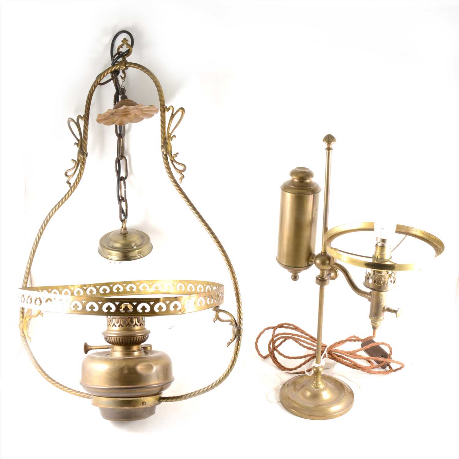 Lot 316 - A Victorian pendant lamp and a mid 19th Century Queens reading lamp, both adapted for electricity