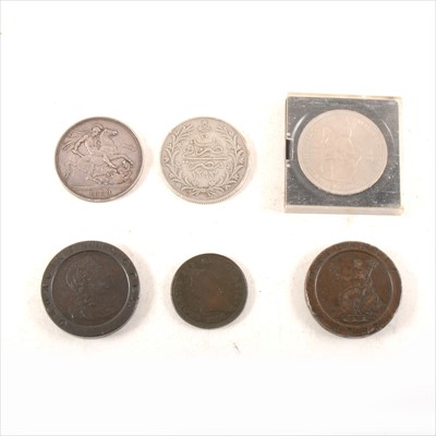 Lot 186 - A box of coins, mainly Georgian and later but also James I Irish farthing and William and Mary 1/2p.