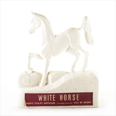 Lot 215 - Advertising shop display, a flat back white chalk horse with paper label to base "White Horse Men's Toilet Articles Created in Sweden for Gala of London" and a collection of 1950's posters.