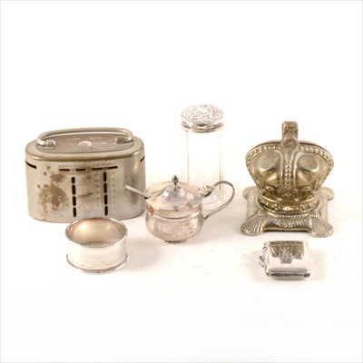 Lot 265 - A silver vesta case, napkin ring, jar, mustard pot and two money boxes.
