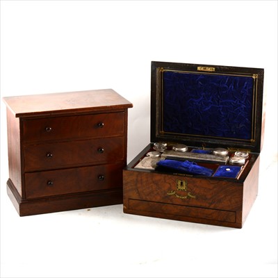Lot 189 - A Victorian figured walnut travelling case; and a miniature Victorian chest of drawers