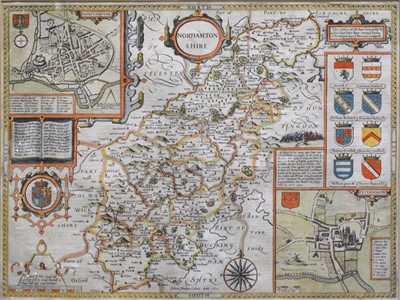 Lot 310 - John Speed, Northampton Shire, hand coloured county map, with plans of Northampton and Peterborow