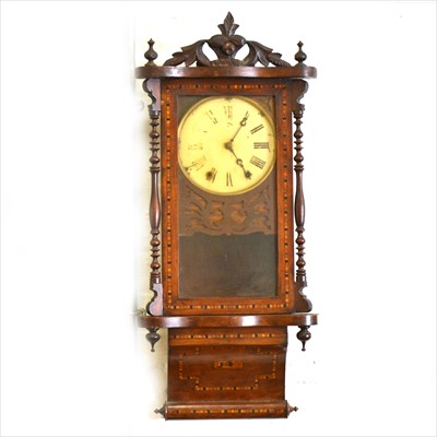 Lot 429 - An American type walnut and Tunbridge ware wall clock