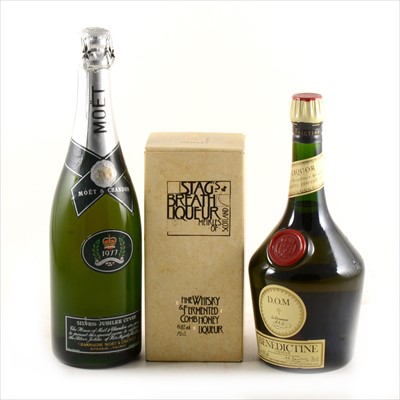 Lot 120 - Moet & Chandon, SIlver Jubilee Cuvee, 1977, one bottle; one bottle Benedictine; and one bottle Stag's Breath Liqueur