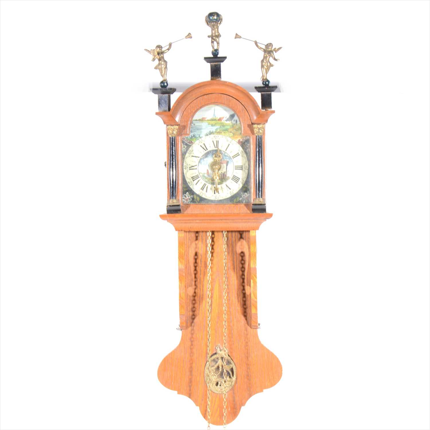 Lot 183 - Oak cased wall clock, arched painted dial