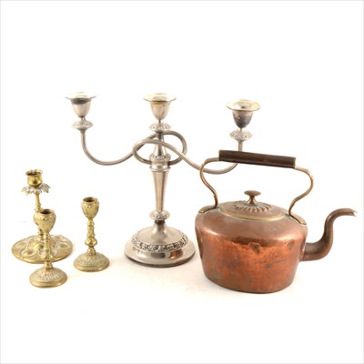 Lot 107 - Copper, brass and silver-plate, wooden boxes, bookends, crystals, treen, scales, etc, two boxes.