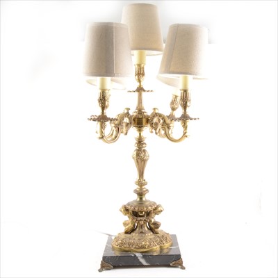 Lot 445 - Reproduction French gilt metal and marble five light table lamp, with shades, height 58cm.