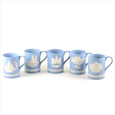 Lot 82 - A collection of Wedgwood Blue Jasperware commemorative mugs, London landmarks, 12cm. (15)