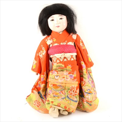 Lot 111 - Japanese composition head doll, in traditional Geisha outfit with gilt treat detail, composition hands, glass eyes, closed mouth, 43cm.