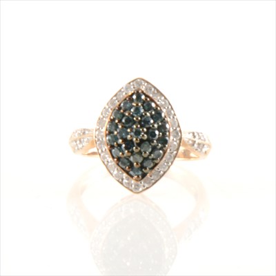 Lot 435 - A blue and white diamond  marquise shape cluster ring.