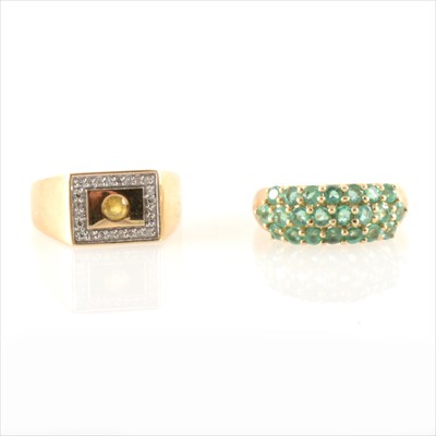 Lot 285 - An emerald half hoop three row ring and a yellow stone and diamond rectangular ring.