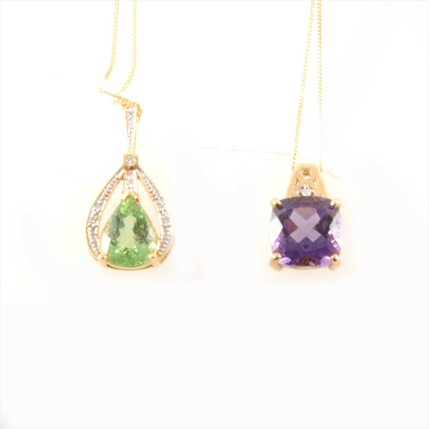 Lot 322 - A Paraiba tourmaline and diamond pendant with chain, and an amethyst and diamond pendant with chain.