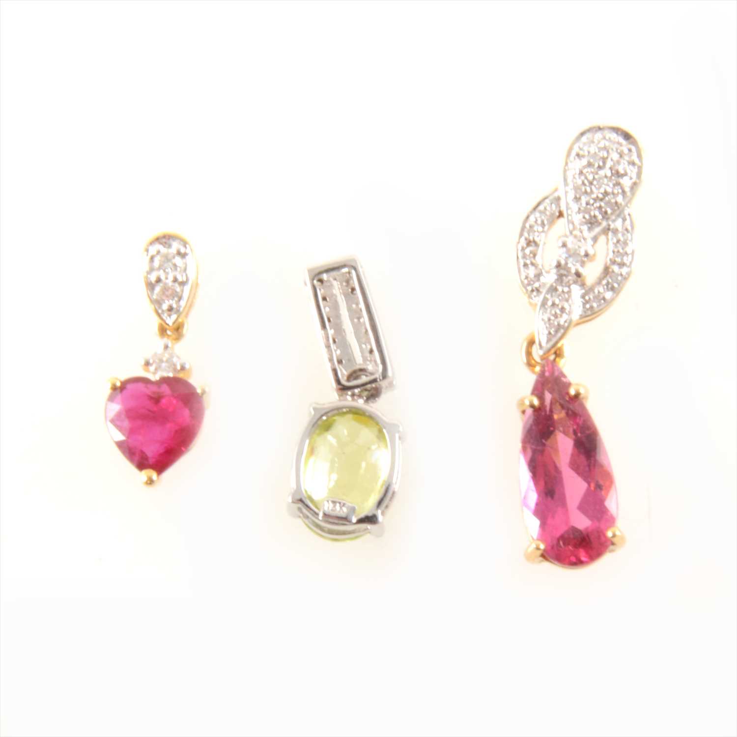 Lot 325 - A Burmese ruby and diamond pendant, and two other gemset pendant drops