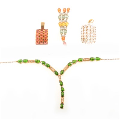 Lot 320 - An orange sapphire pendant, two other gemset pendants, and a Russian diopside and Sri Lankan white sapphire necklace.