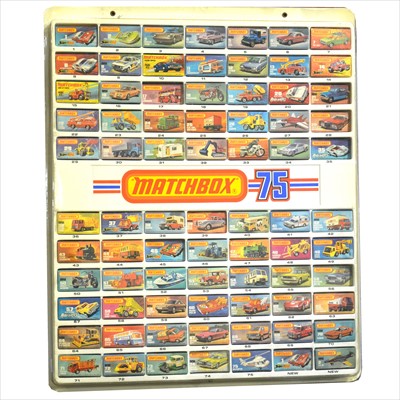 Lot 187 - Matchbox 1-75 series collection of die-cast models, a full run with two extra, housed in an original shop display case, and original cardboard Matchbox posting box..