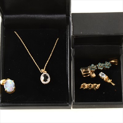 Lot 277 - Six gemset pendants, including Paraiba tourmalines, Lightning Ridge black opal, aquamarine and sapphire.